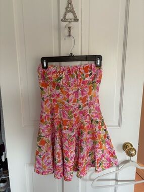 Princess Polly Floral Strapless Flare Dress in Pink, Orange & Green